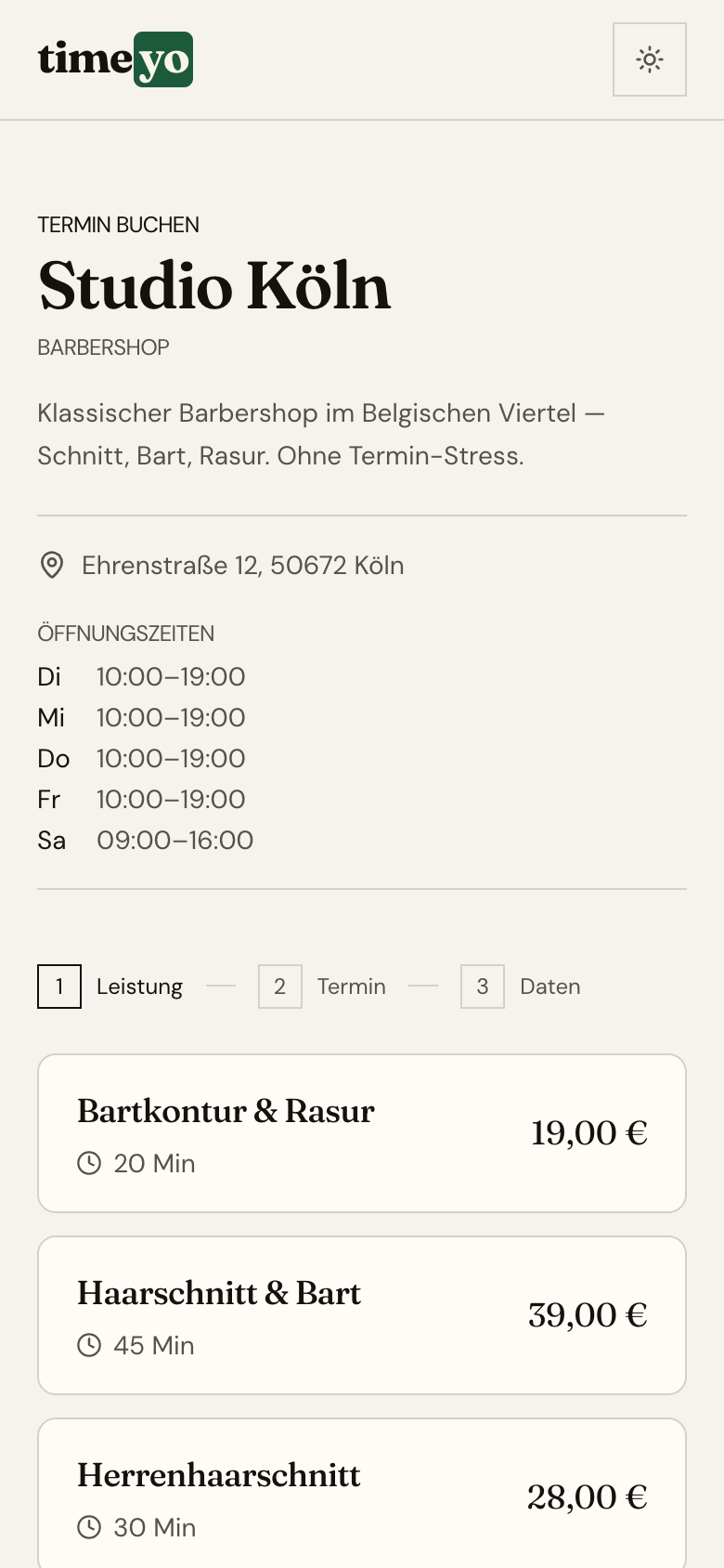Öffentliche Buchungsseite von Studio Köln in timeyo